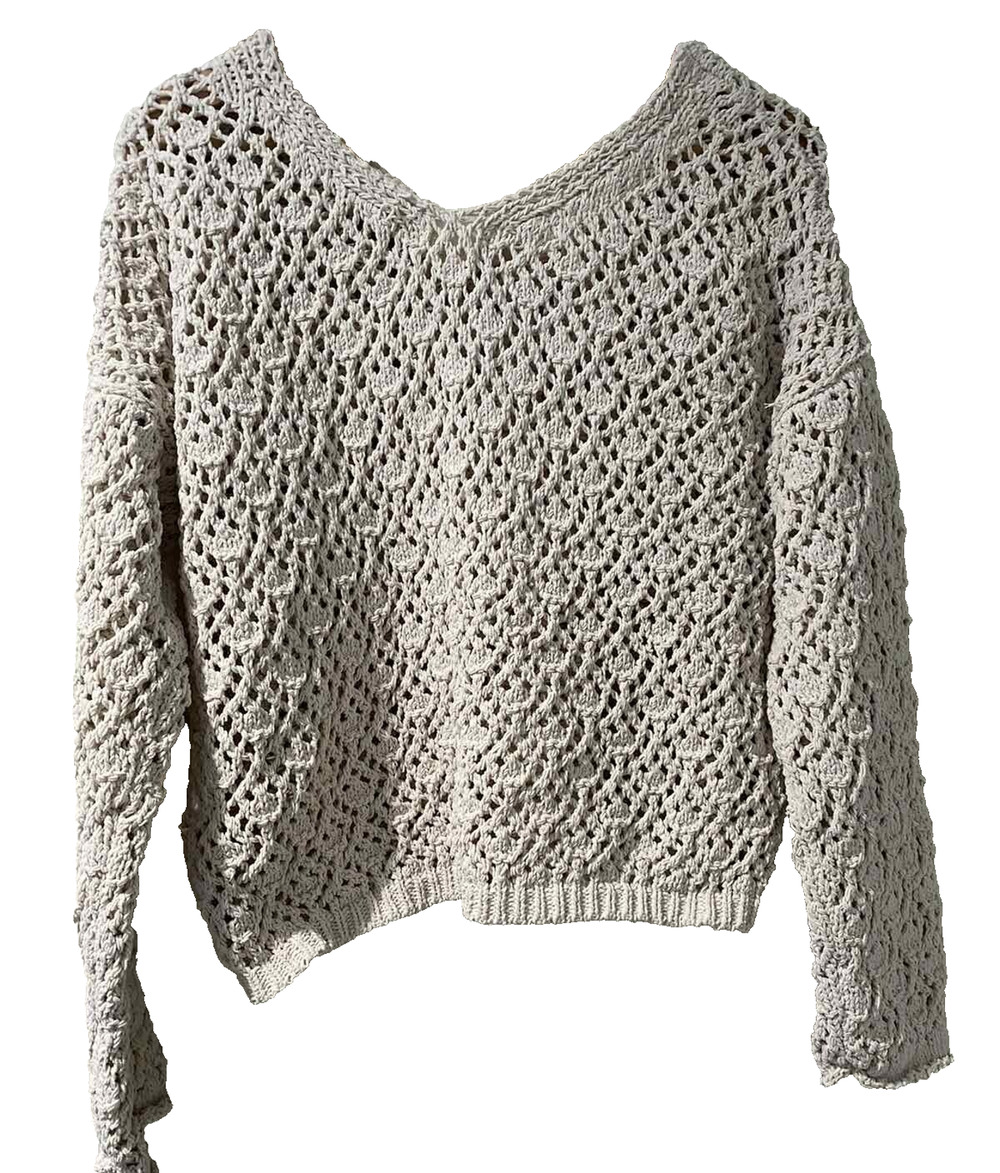 Anthropologie Artelier crochet sweater Knit beige v-neck see thro Size L A001354